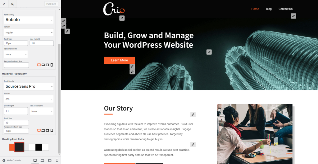 Crio Heading Typography Controls