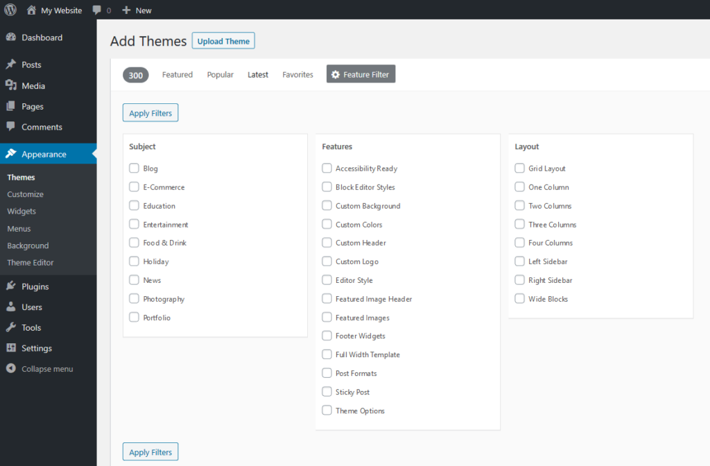 wordpress theme search filters